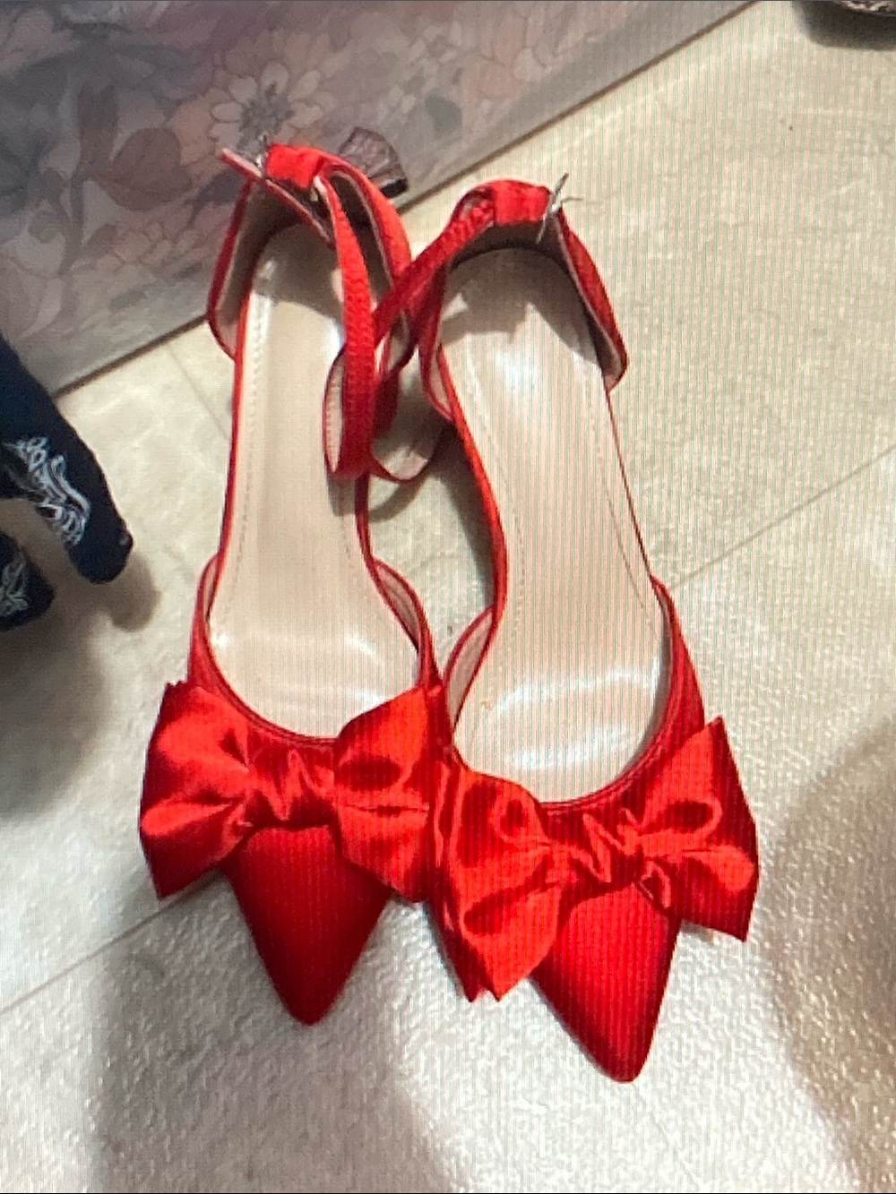 Red Pointed-Toe Bow Ankle-Strap Heels for Women